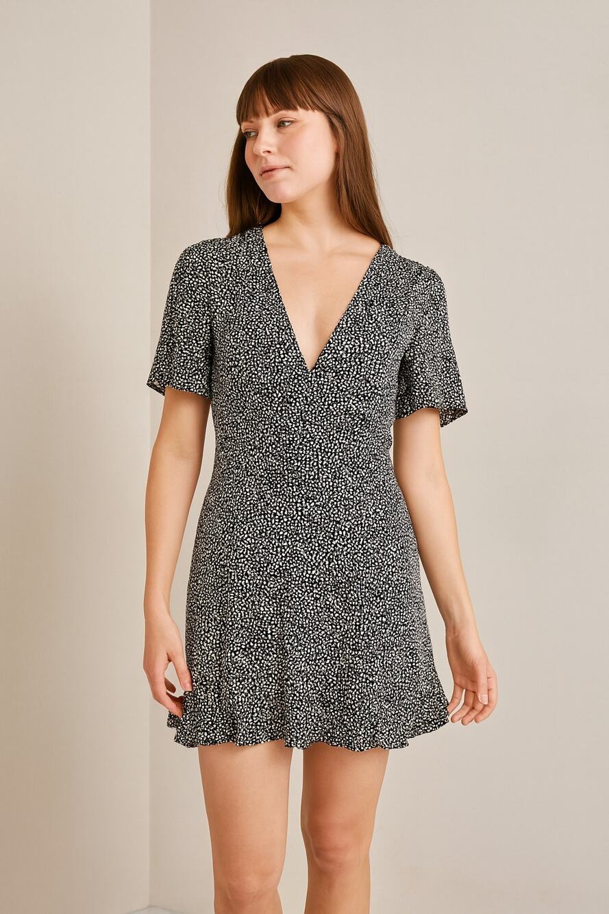 Abercrombie & Fitch Black White Spotted Flutter‎ Sleeve Mini Dress Sz Large